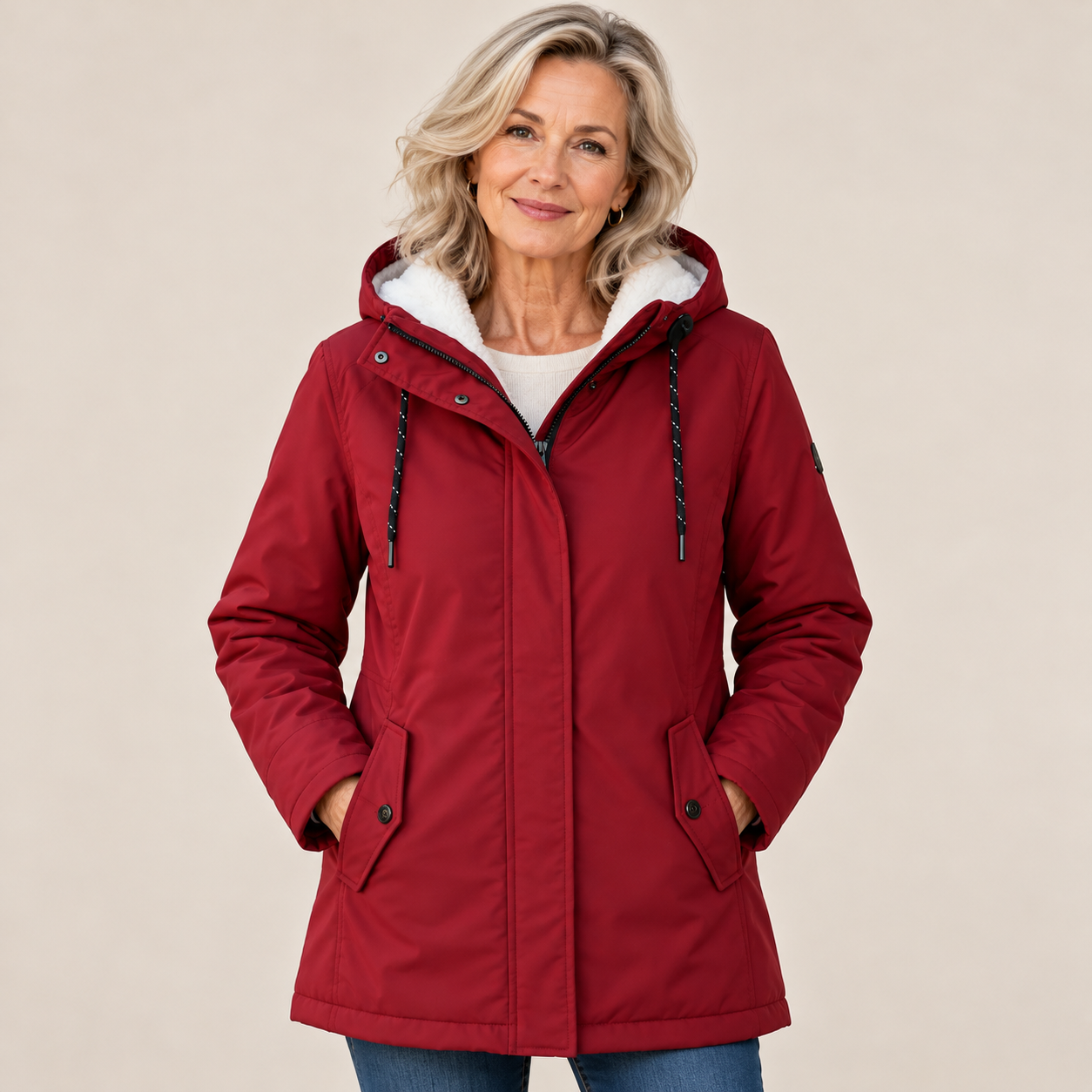 Maeve fleecevuorattu huppuparka punainen päällä